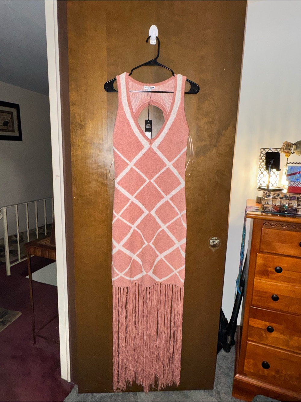Fashion Nova Pink Fringe Midi Dress with Cream Diamond Accents